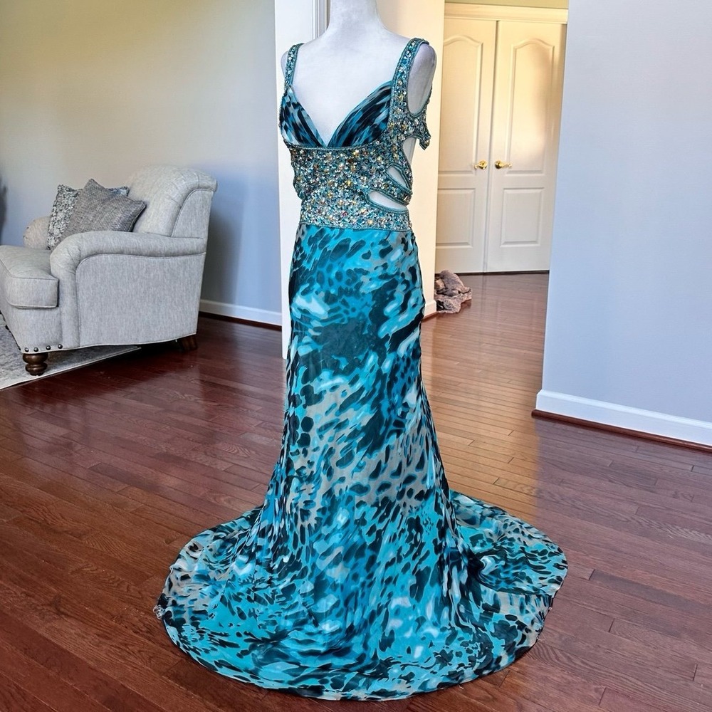 Anny Lee 2000s Blue Speckle Open Sexy Corset Back Embellished Gown Dress XS